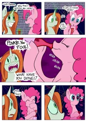 Size: 954x1350 | Tagged: safe, artist:teabucket, deleted from derpibooru, derpibooru import, crackle cosette, pinkie pie, queen chrysalis, comic:panic at the nightclub, the mean 6, comic, dancing, dialogue, heart eyes, imminent vore, licking, licking lips, nightclub, potion, tongue out, wingding eyes