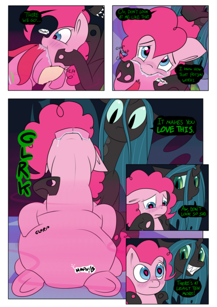 Size: 954x1350 | Tagged: artist:teabucket, comic, comic:panic at the nightclub, crying, derpibooru import, feeder, fetish, heart eyes, nightclub, oc, pacific glow, pheromones, pinkie pie, potion, queen chrysalis, questionable, same size vore, soft vore, vore, wingding eyes