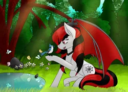 Size: 1424x1028 | Tagged: artist:midnightfire1222, blue jay, butterfly, clearing, demon pony, derpibooru import, female, flower, forest, oc, oc:ariana, pond, relaxed, rock, safe, solo, tree, unofficial characters only