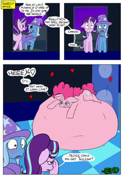 Size: 954x1350 | Tagged: suggestive, artist:teabucket, deleted from derpibooru, derpibooru import, pinkie pie, starlight glimmer, trixie, earth pony, pony, unicorn, comic:panic at the nightclub, belly, belly bed, comic, fetish, floating heart, heart, impossibly large belly, multiple prey, nightclub, pheromones, vore