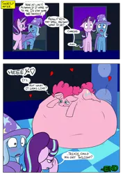 Size: 954x1350 | Tagged: suggestive, artist:teabucket, deleted from derpibooru, derpibooru import, pinkie pie, starlight glimmer, trixie, earth pony, pony, unicorn, comic:panic at the nightclub, belly, belly bed, comic, fetish, floating heart, heart, impossibly large belly, multiple prey, nightclub, pheromones, vore