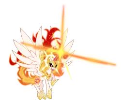 Size: 5000x4142 | Tagged: safe, artist:orin331, derpibooru import, daybreaker, nightmare star, pony, absurd resolution, female, flying, glowing horn, halo, magic, mane of fire, mare, merged daybreaker, merged zamasu, simple background, solo, the inferno has been doubled, transparent background, two flaming sunponies