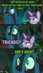 Size: 640x1080 | Tagged: alicorn, changeling, changeling queen, clone, comic, crying, derpibooru import, dialogue, edited screencap, female, former queen chrysalis, image macro, mean twilight sparkle, meme, pure unfiltered evil, queen chrysalis, sad, safe, screencap, screencap comic, the mean 6