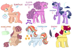 Size: 1024x683 | Tagged: safe, artist:dreamscapevalley, derpibooru import, oc, oc:bumpkin, oc:ebony, oc:everglow, oc:marzipan, oc:sayaka, oc:sugar bottom, unofficial characters only, earth pony, pegasus, pony, unicorn, adoptable, ethereal mane, female, hair over eyes, magical lesbian spawn, male, mare, next generation, offspring, parent:big macintosh, parent:cheese sandwich, parent:double diamond, parent:fluttershy, parent:moondancer, parent:pinkie pie, parent:princess luna, parent:quibble pants, parent:sunset shimmer, parent:tempest shadow, parents:cheesepie, parents:doublesunset, parents:fluttermac, parents:quibbledancer, parents:tempestluna, simple background, stallion, starry mane, transparent background, unshorn fetlocks