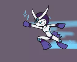 Size: 1280x1024 | Tagged: artist:norg17, bipedal, clothes, cosplay, costume, crossover, derpibooru import, megaman, purple background, quick man, rarity, running, safe, simple background, solo, suit