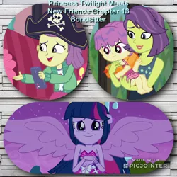 Size: 2048x2048 | Tagged: safe, artist:huntercwalls, derpibooru import, edit, edited screencap, screencap, lily pad (equestria girls), twilight sparkle, twilight sparkle (alicorn), victoria, water lily (equestria girls), fanfic, equestria girls, equestria girls (movie), equestria girls series, pinkie sitting, turf war, adorable face, clothes, crying, cute, fanfic art, fanfic cover, fimfiction, friendship, happy, one-piece swimsuit, photoshop, smiling, swimsuit