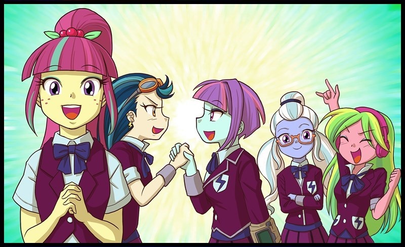 Size: 800x488 | Tagged: safe, artist:uotapo, derpibooru import, indigo zap, lemon zest, sour sweet, sugarcoat, sunny flare, equestria girls, adoraflare, clothes, cropped, crystal prep academy uniform, crystal prep shadowbolts, cute, happy, looking at you, pipboy, school uniform, shadow five, smiling, sourbetes, sugarcute, sunny flare's wrist devices, zapabetes, zestabetes