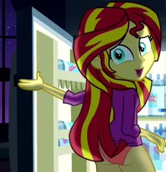 Size: 1114x1152 | Tagged: suggestive, artist:dirty mike, derpibooru import, edit, edited edit, edited screencap, editor:slayerbvc, screencap, sunset shimmer, equestria girls, rainbow rocks, ass, bunset shimmer, butt, clothes, cropped, female, food, looking at you, looking back, looking back at you, no pants, panties, pink underwear, refrigerator, sexy, solo, solo female, underwear, underwear edit, whipped cream