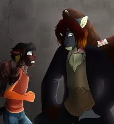 Size: 2036x2213 | Tagged: anthro, anthro oc, artist:blackblood-queen, bandage, blood, clothes, coat, crying, derpibooru import, dracony, father and son, floppy ears, hybrid, male, oc, oc:daniel dasher, oc:dusk flare, pegasus, safe, shirt, stallion, unofficial characters only