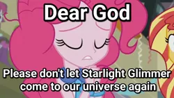 Size: 1136x640 | Tagged: safe, derpibooru import, edit, edited screencap, screencap, mystery mint, pinkie pie, starlight glimmer, sunset shimmer, equestria girls, friendship games, abuse, bracelet, dialogue, drama, glimmerbuse, image macro, implied starlight glimmer, jewelry, meme, necktie, pinkie pie praying, starlight drama, text