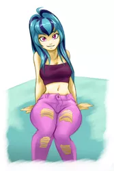 Size: 2304x3444 | Tagged: safe, artist:ambris, artist:joestart, color edit, derpibooru import, edit, sonata dusk, equestria girls, belly button, clothes, colored, cute, female, high res, hips, jeans, light skin, looking at you, midriff, pants, sitting, solo, sonatabetes, tattered, thighs, tube top, upscaled