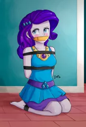 Size: 1359x1997 | Tagged: suggestive, artist:lleyx, derpibooru import, rarity, equestria girls, equestria girls series, arm behind back, barefoot, blushing, bondage, bound and gagged, breast bondage, breasts, clothes, duct tape, feet, female, femsub, gag, rope, skirt, solo, solo female, submissive, tape, tape gag, tied up