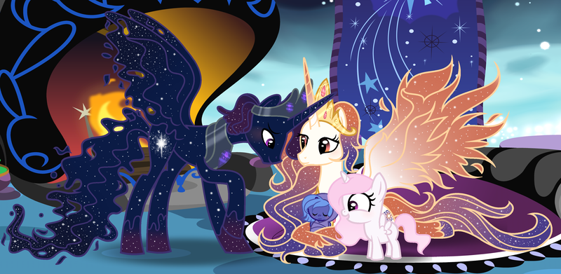 Size: 3557x1738 | Tagged: safe, artist:velveagicsentryyt, derpibooru import, princess celestia, princess luna, oc, oc:king cosmos, oc:queen galaxia, alicorn, pony, baby, baby pony, cewestia, father and daughter, female, filly, husband and wife, male, mother and daughter, sisters, woona, younger