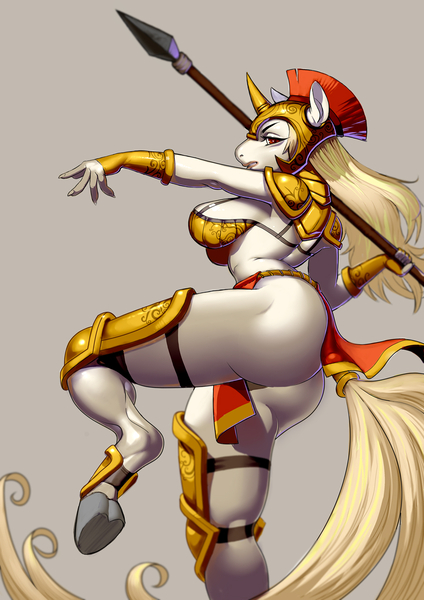 Size: 905x1280 | Tagged: suggestive, artist:psycoil, derpibooru import, oc, oc:delicate glow, anthro, unguligrade anthro, unicorn, armor, ass, big breasts, blank flank, bra, breasts, calves, clothes, digital art, dock, fantasy class, female, gauntlet, gloves, guardsmare, helmet, hips, knee pads, loincloth, looking sideways, mane, melee weapon, partial nudity, plot, polearm, raised hoof, red eyes, royal guard, scapula, side, sideboob, simple background, solo, solo female, spear, thigh highs, thighs, throwing, unconvincing armor, underhoof, underwear, uniform, wall of tags, warrior, weapon