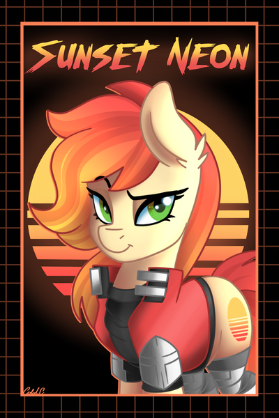 Size: 3000x4500 | Tagged: artist:ciderpunk, cyberpunk, derpibooru import, oc, oc:sunset neon, retro, retrofuturism, safe, solo, synthwave, unofficial characters only