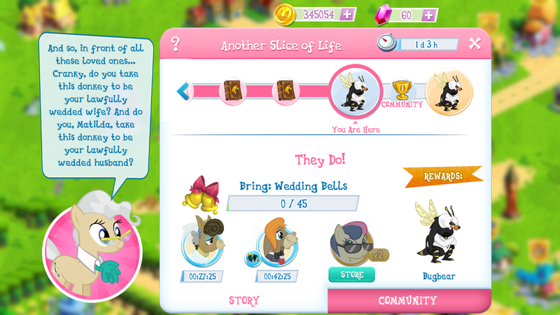 Size: 1280x720 | Tagged: bon bon, bugbear, cranky doodle donkey, derpibooru import, gameloft, game screencap, implied wedding, matilda, mayor mare, safe, sweetie drops