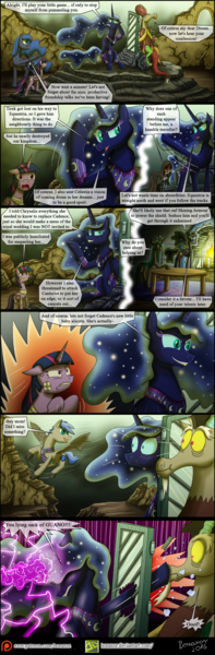 Size: 1200x3651 | Tagged: safe, artist:bonaxor, derpibooru import, discord, lord tirek, princess luna, queen chrysalis, twilight sparkle, twilight sparkle (alicorn), oc, oc:prince rigel, oc:princess dream, alicorn, bat pony, pony, comic:journey to the lunar republic, bandage, chaos pope, chaos star, comic, fireplace, magic, mitre, punch