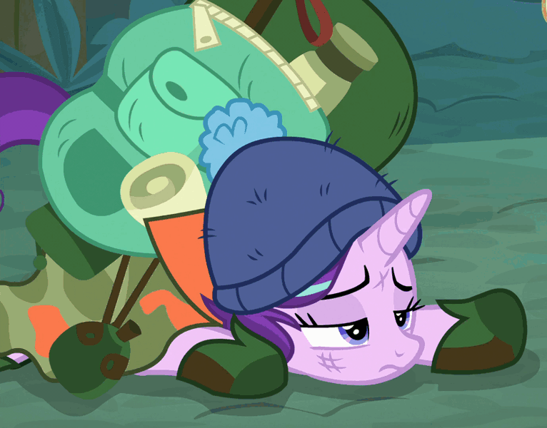 Size: 827x648 | Tagged: safe, derpibooru import, screencap, starlight glimmer, pony, unicorn, the mean 6, animated, backpack, bag, boots, camping outfit, clothes, cropped, hat, looking down, looking up, parka, prone, shoes, solo focus, tired