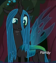 Size: 241x272 | Tagged: bewildered, changeling, changeling queen, cropped, derpibooru import, discovery family logo, former queen chrysalis, queen chrysalis, raised eyebrow, safe, screencap, solo, the mean 6