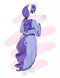 Size: 2477x3200 | Tagged: suggestive, artist:honiibree, derpibooru import, rarity, anthro, unguligrade anthro, unicorn, bra, clothes, female, looking at you, looking back, looking back at you, looking over shoulder, mare, mug, panties, rear view, rearity, robe, see-through, simple background, solo, solo female, thong, underwear