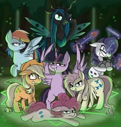 Size: 1624x1708 | Tagged: dead source, safe, artist:pencil bolt, derpibooru import, mean applejack, mean fluttershy, mean pinkie pie, mean rainbow dash, mean rarity, mean twilight sparkle, queen chrysalis, alicorn, earth pony, pegasus, pony, unicorn, the mean 6, clone, clone six, everfree forest, evil grin, evil rainbow dash, female, glowing horn, greedity, grin, i'm surrounded by idiots, looking at you, magic, mare, mean six, rock, shovel, smiling, telekinesis, tree, unamused