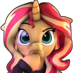 Size: 2160x2160 | Tagged: safe, artist:imafutureguitarhero, derpibooru import, sunset shimmer, ponified, pony, unicorn, equestria girls, 3d, adidas, alternate hairstyle, bust, clothes, contemplating, digital art, emoji, equestria girls ponified, female, floppy ears, freckles, high res, hoodie, hoof on chin, mare, nose wrinkle, outline, raised eyebrow, simple background, solo, source filmmaker, square, thinking, thinking emoji, tracksuit, transparent background