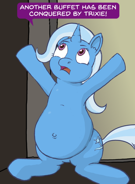 Size: 750x1016 | Tagged: artist:sybaris, belly, belly button, bloated, buffet, chubby, derpibooru import, fat, outie belly button, safe, solo, standing up, stuffed, the great and bountiful trixie, trixie, weight gain