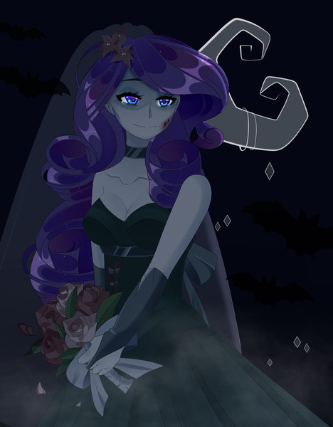 Size: 1200x1540 | Tagged: semi-grimdark, artist:clefficia, derpibooru import, rarity, equestria girls, bouquet, breasts, bride, clothes, dress, the corpse bride, tim burton