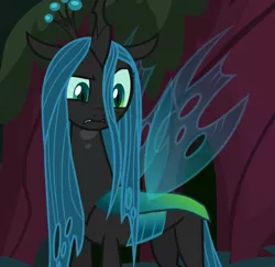 Size: 1112x1080 | Tagged: annoyed, changeling, changeling queen, cropped, derpibooru import, everfree forest, female, forest, former queen chrysalis, gritted teeth, queen chrysalis, raised eyebrow, safe, screencap, solo, the mean 6