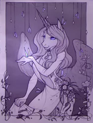Size: 1024x1359 | Tagged: absolute cleavage, alicorn, alicorn oc, anthro, artist:larest, beautiful, breasts, cleavage, clothes, derpibooru import, dress, eyelashes, flower, glowing eyes, jewelry, looking at something, modern art, monochrome, necklace, neo noir, nouveau, oc, oc:valinye, partial color, safe, side slit, spread wings, unofficial characters only, wings