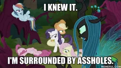 Size: 600x337 | Tagged: changeling, changeling queen, clone, clone six, derpibooru import, edit, edited screencap, female, image macro, i'm surrounded by idiots, mean applejack, mean fluttershy, mean pinkie pie, mean rainbow dash, mean rarity, meme, queen chrysalis, safe, screencap, spaceballs the tag, the mean 6, vulgar