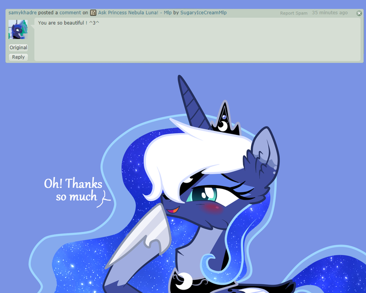 Size: 1500x1200 | Tagged: safe, artist:sugaryicecreammlp, derpibooru import, princess luna, alicorn, pony, ask nebula luna, alternate design, ask, blue background, deviantart, dialogue, digital art, female, mare, simple background, solo