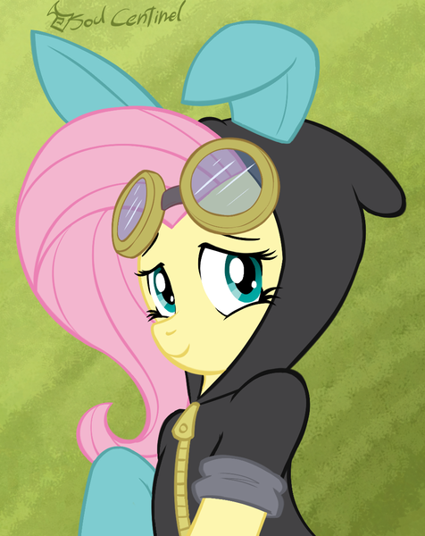 Size: 941x1185 | Tagged: safe, artist:soulcentinel, derpibooru import, fluttershy, pegasus, pony, bunny ears, clothes, costume, cute, dangerous mission outfit, female, goggles, green background, hoodie, looking at you, outfit, show accurate, shyabetes, simple background, smiling, solo