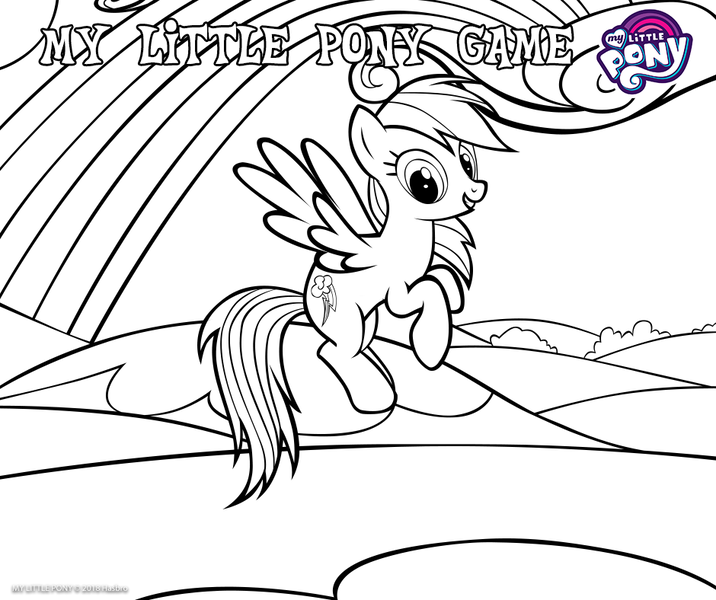 Size: 940x788 | Tagged: safe, derpibooru import, official, rainbow dash, pegasus, pony, black and white, coloring page, gameloft, grayscale, monochrome, my little pony logo, solo