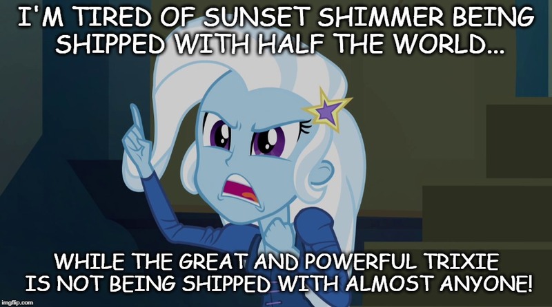 Size: 896x500 | Tagged: safe, derpibooru import, edit, edited screencap, screencap, trixie, equestria girls, rainbow rocks, anti-shipping, blatant lies, dialogue, female, image macro, implied sunset shimmer, meme, solo, trixie yells at everything