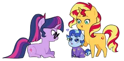 Size: 3168x1569 | Tagged: safe, artist:pikokko, derpibooru import, sci-twi, sunset shimmer, twilight sparkle, oc, oc:sparkling sapphire, ponified, pony, unicorn, series:sciset diary, baby, baby pony, equestria girls ponified, family, female, filly, footed sleeper, heart, lesbian, magic, magical lesbian spawn, offspring, onesie, parent:sci-twi, parent:sunset shimmer, parents:scitwishimmer, scitwishimmer, shipping, simple background, sunsetsparkle, transparent background