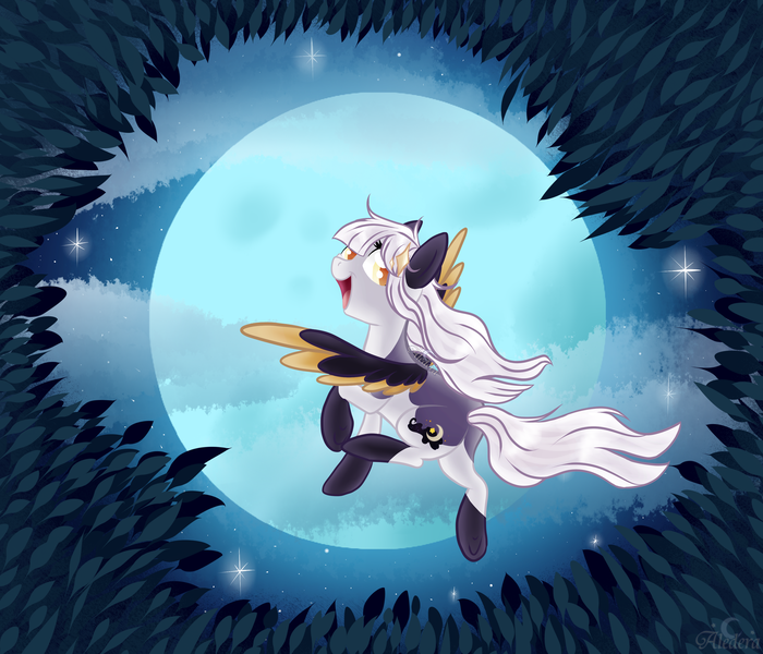 Size: 3500x3000 | Tagged: safe, artist:aledera, derpibooru import, oc, oc:ira, unofficial characters only, pegasus, pony, cloud, colored ears, colored pupils, colored wings, female, flying, full moon, high res, leaf, looking at you, looking back, looking back at you, mare, moon, night, night sky, open mouth, sky, smiling, socks (coat marking), solo, spread wings, starry night, two toned wings, underhoof, windswept mane, wings