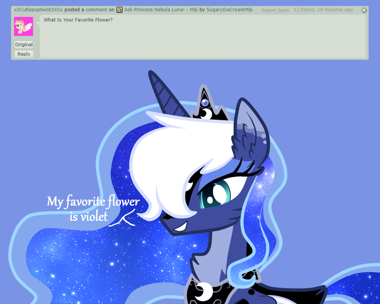 Size: 1500x1200 | Tagged: safe, artist:sugaryicecreammlp, derpibooru import, princess luna, alicorn, pony, ask nebula luna, alternate design, ask, blue background, deviantart, digital art, female, mare, simple background, solo