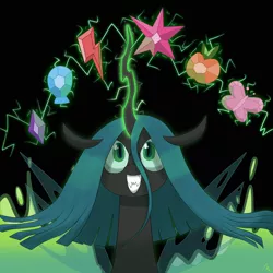 Size: 3000x3000 | Tagged: safe, artist:moonatik, derpibooru import, queen chrysalis, changeling, the mean 6, changeling slime, element of generosity, element of honesty, element of kindness, element of laughter, element of loyalty, element of magic, elements of harmony, evil grin, grin, lightning, signature, smiling, solo