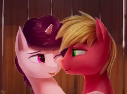 Size: 1352x1008 | Tagged: safe, artist:quvr, derpibooru import, big macintosh, sugar belle, earth pony, pony, unicorn, couple, female, looking at each other, male, mare, one eye closed, shipping, stallion, straight, sugarmac, tongue out, wink