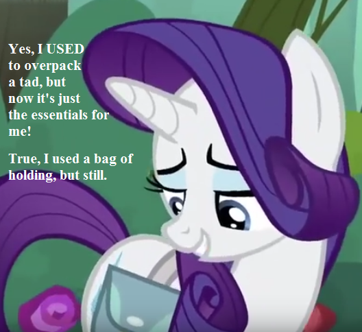 Size: 528x484 | Tagged: safe, derpibooru import, edit, edited screencap, screencap, rarity, the mean 6, bag of holding, camping, cropped, dialogue, forest, saddle bag, smiling, text