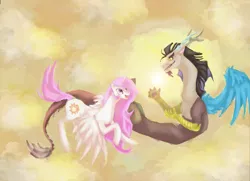 Size: 2337x1691 | Tagged: safe, artist:nati789, derpibooru import, discord, princess celestia, dislestia, female, flying, happy, male, pink-mane celestia, shipping, straight, younger