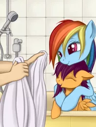 Size: 480x640 | Tagged: safe, artist:rainbow, color edit, derpibooru import, edit, rainbow dash, scootaloo, human, pegasus, pony, arms, bath, bathtub, colored, cute, cutealoo, dashabetes, eyes closed, female, filly, floppy ears, group, hand, happy, hug, mare, offscreen character, open mouth, scootalove, smiling, towel, wet, wet mane