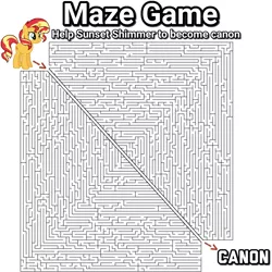 Size: 1024x1024 | Tagged: safe, derpibooru import, edit, sunset shimmer, unicorn, arrow, canon, cutting the knot, game, hax, hilarious in hindsight, maze, maze game, meme, quantum mechanics, quantum tunnelling, simple background, solution, text, white background