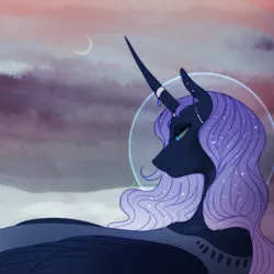 Size: 566x566 | Tagged: safe, artist:pumpkabooo, derpibooru import, princess luna, alicorn, pony, alternate design, crescent moon, curved horn, ethereal mane, female, horn jewelry, jewelry, looking at something, mare, moon, solo, starry mane