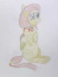 Size: 1024x1365 | Tagged: safe, artist:mildgyth, derpibooru import, oc, oc:florist, unofficial characters only, pegasus, pony, belly button, female, flower, flower in hair, heterochromia, mare, simple background, sitting, solo, traditional art, white background