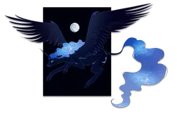 Size: 2526x1637 | Tagged: safe, artist:pumpkabooo, derpibooru import, princess luna, alicorn, flying, leonine tail, looking at you, mare in the moon, moon, night, simple background, solo, transparent background