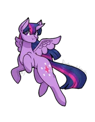 Size: 530x682 | Tagged: safe, artist:rainbowartistpaints, derpibooru import, twilight sparkle, twilight sparkle (alicorn), alicorn, pony, female, flying, hair over one eye, looking at you, mare, simple background, solo, spread wings, transparent background, wings