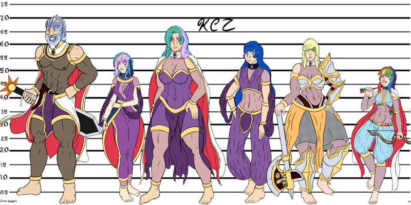 Size: 1024x512 | Tagged: abs, applejack, archer dash, arrow, artist:korencz11, axe, barefoot, bow and arrow, bow (weapon), cape, clothes, derpibooru import, family, feet, group, height difference, height scale, human, humanized, kingdom of the desert sky, line-up, muscles, oc, oc:helios iscandor, oc:nebula iscandor, parent, princess celestia, princess luna, rainbow dash, safe, sword, weapon