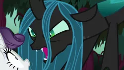 Size: 1280x720 | Tagged: angry, changeling, changeling queen, clone, demands, derpibooru import, everfree forest, fangs, female, forest, former queen chrysalis, leaning forward, mean rarity, queen chrysalis, safe, screencap, the mean 6, yelling